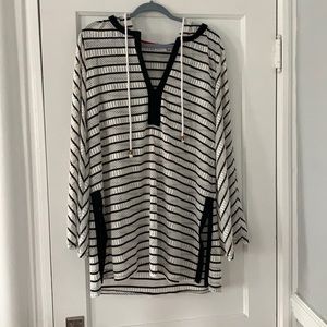 White and black striped hooded beach cover up